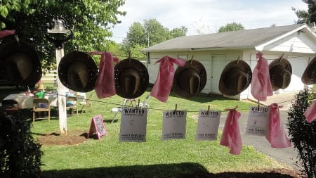 Cowgirl Yard Sale - fun, outdoors, hats, grass, yard, sale, buildings, westerns