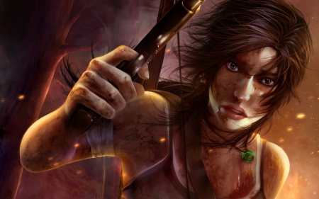 Lara Croft - game, archer, gun, pendant, girl, fantasy, woman, tomb raider, Lara Croft, art, reborn