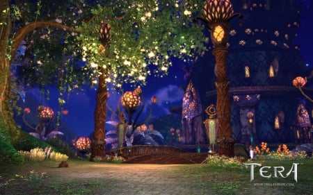 Tera - game, tera, fantasy, world, blue, tower, lights, treen