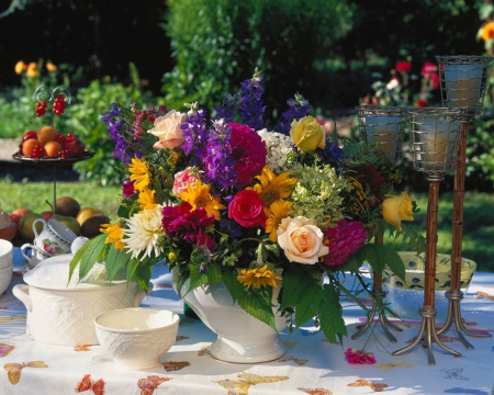 Beautiful Flower Arrangement - flowers, vase, table, fruits