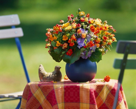 Beautiful Flowers - table, chairs, flowers, vase