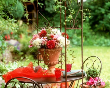 Beautiful Flowers in the Garden - flowers, table, garden, pot