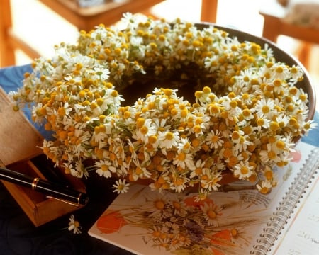 Wreaths of Flowers - wreaths, flowers, table, petals