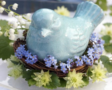 Bird in Nest with Forget me not - bird, flowers, nest, ceramic