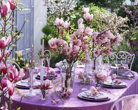 Festive Table with Pink Magnolias - flowers, table, pink, magnolias