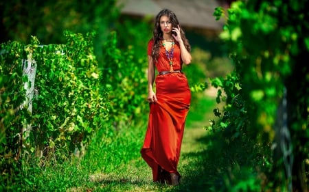 Lady in Red - red, plants, walking, woman, grass