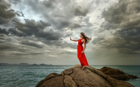 Lady in Red - beach, sky, red, woman