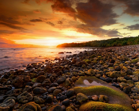 Beautiful Sunset Scenery - rocks, scenery, beach, sunset, nature