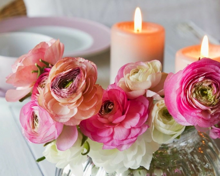 Ranunculus Posy and Candles - flowers, candle, ranunculus posy, pink