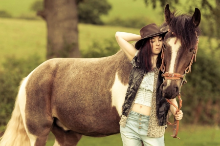 Loving Bond - trees, horse, hat, cowgirl, brunette