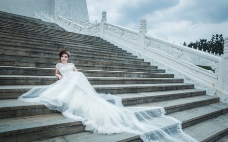 Girl in Wedding Dress on Stairs - photography, bride, girl in wedding dress on stairs, dress