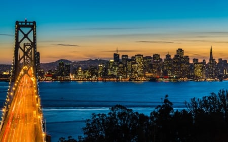 Bay Bridge in California at Night - bay bridge in california at night, bridges, architecture, cityscape