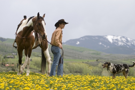 Cowgirl and Her Two Best Friends - mountains, horse, edwards colorado, flowers, colorado, cowgirl, wild flowers, field, edwards, dog