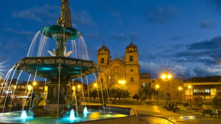 Cusco, Peru - fountain, peru, architecture, water, night, south america