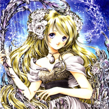 Harp Maiden - pretty, anime, kawaii, divine, female, blossom, maiden, dress, blonde, blond hair, long hair, sublime, harp, gorgeous, blond, hd, nice, anime girl, beautiful, girl, blonde hair, beauty, lovely, sweet, flower, cg, lady, angelic, cute, adorable, floral