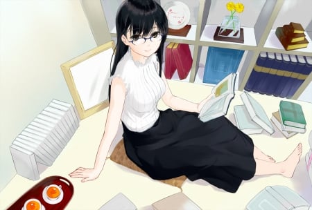 Just Reading - pretty, anime, female, book, long hair, home, nice, egg, house, anime girl, skirt, beautiful, girl, beauty, lovely, sweet, blouse, black hair