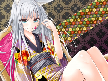 Red Cherry - pretty, anime, kawaii, female, cherry, long hair, fruit, nice, silver hair, anime girl, girl, beauty, kimono, lovely, sweet, yukata, cute, adorable, ebautiful