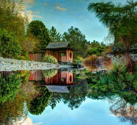 Pond Reflection - trees, lagoon, beautiful, reflection, calm water, tranquility, zen, garden, little house