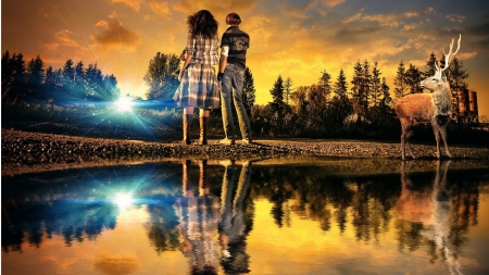 sunset - lake, sunset, couple, deer