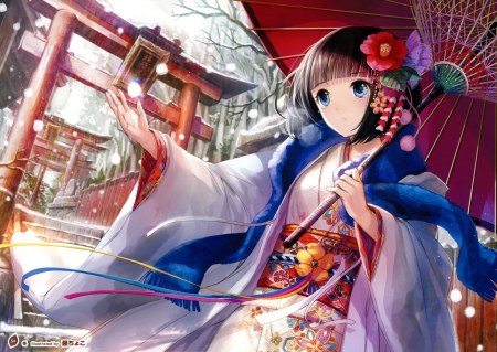 White Snow - pretty, anime, kawaii, female, snow, short hair, japan, shrine, umbrella, fuji choko, hd, nice, anime girl, winter, beautiful, girl, beauty, kimono, lovely, brown hair, sweet, yukata, cg, white, black hair, cute, adorable, japanese