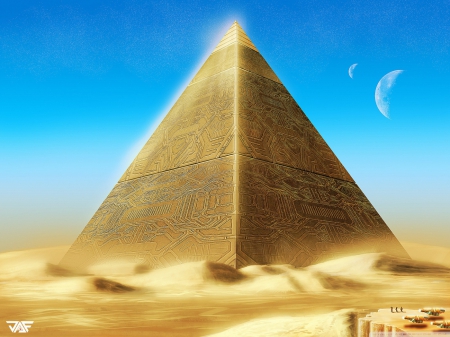 Pyramid - moon, pyramid, sand, gold