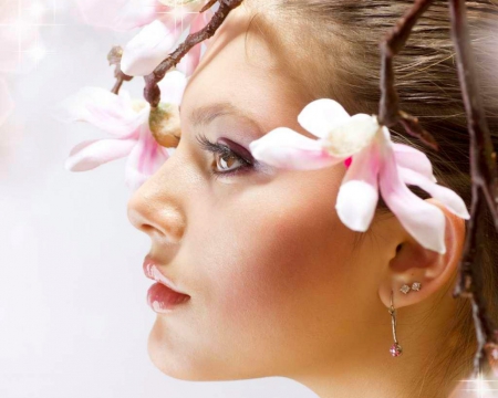 Side View - face, pink, model, flowers, woman