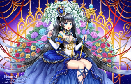 Princess of Star - nice, beauty, princess, female, smiling, anime girl, black hair, gorgeous, pretty, anime, maiden, lady, girl, long hair, royalty, gown, lovely, cg, hd, floral, blue, beautiful, blossom, sweet, smile, dress, happy, flower