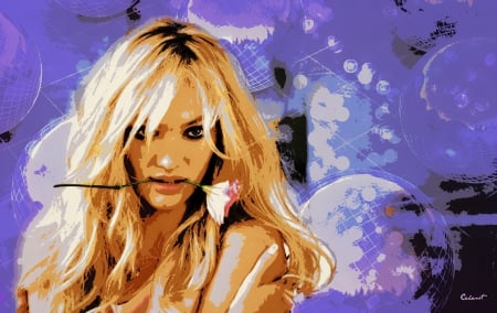 Candice Swanepoel - woman, girl, poster, model, painting, art, purple, pink, blue, by cehenot, candice swanepoel, blonde, flower