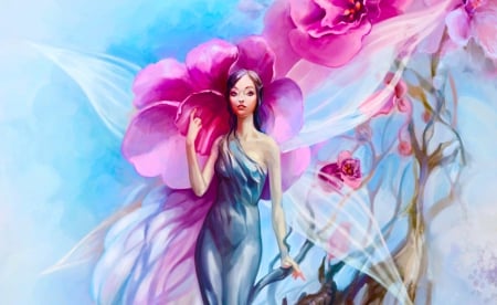 Blossom Beauty - digital, wallpaper, fantasy, beautiful, flowers, girl, woman, art