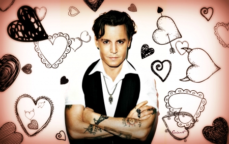 Johnny Depp - white, man, pink, heart, actor, by cehenot, johnny depp, black