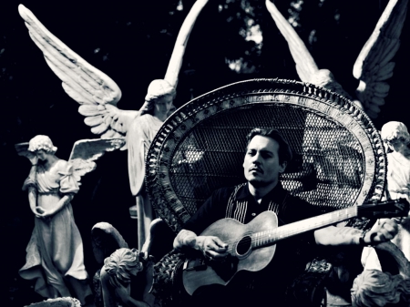 Johnny Depp - stone, statue, guitar, angel, music, wings, instrument, black, white, blue, man, actor, johnny depp