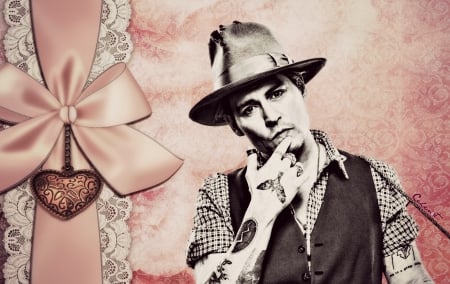 Johnny Depp - pink, black, actor, by cehenot, white, bow, vintage, hat, heart, tattoo, johnny depp, man