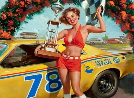 Trophy Girl - race, painting, art, pin up, car