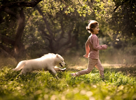 Having Fun - love, bokeh, fun, trees, girl, nature, dog, splendor, dogs, grass