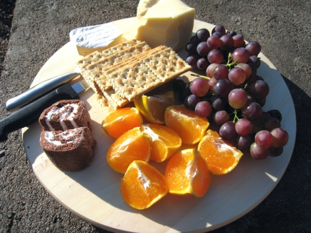 Cheese Dish - plate, knife, cracker, autumn, fruit, cake, cheese