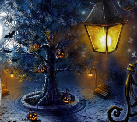 Halloween Park - abstract, trees, pumpkins, blue, beautiful, lanterns, beauty, night, light, dark, halloween, park