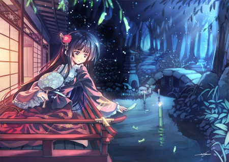 Paper Boat - house, anime, anime girl, female, water, kawaii, houraisan kaguya, girl, scene, stream, long hair, home, river, touhou, cute, adorable