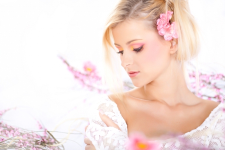 Spring Blossoms - women, flowers, blossoms, makeup