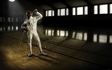 fencing olympics - swordsman, sword, water, holes