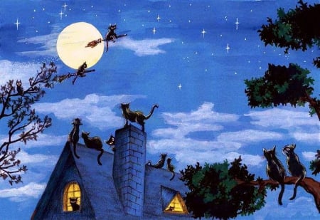 Halloween Cats - roof, moon, house, tree, artwork, with