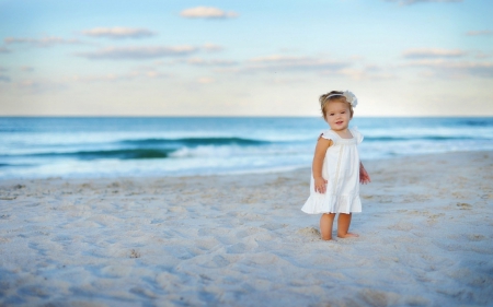 Sweet moment - summer, child, cute, beach, girl, blue, white, little, sea