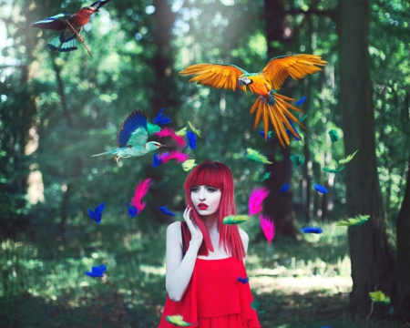 Girl and Birds - woman, forest, feathers, birds