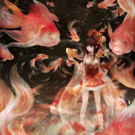 Gold Fish - beautiful, gold fish, anime girl, girl, fantasy, magic, goldfish, pretty, beauty, sweet, anime, yukata, hd, cg, long hair, nice, lovely, fish, black hair, kimono, female, realistic