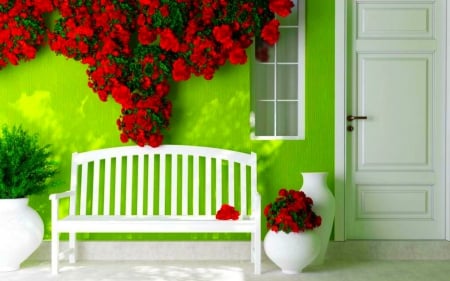 Green Wall and Bench - bench, home, flowers, wall