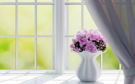 Flowers in the Window - white, pink, flowers, window, vase