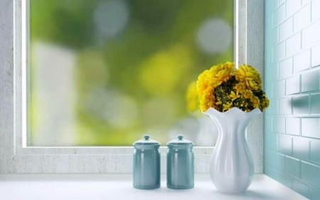 Flowers and Canisters - flowers, vase, canisters, window