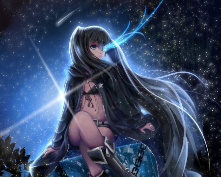 Black ★ Rock Shooter - pretty, star, anime, magic, female, scenery, scene, night, light, long hair, dark, black rock shooter, hd, nice, sky, anime girl, beautiful, hot, rock, girl, beauty, lovely, sweet, chair, cg, glow, black, fantasy, glowing, black hair, sexy