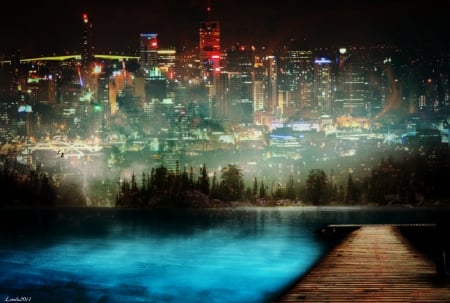 View of the city lights - lake, pier, city lights, forest, skyscrapers