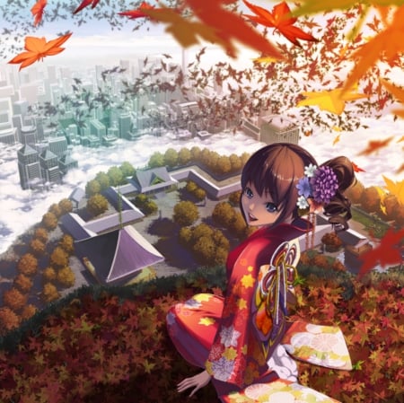 View Point - anime girl, view, kimono, blow, building, scenic, long hair, leave, mgirl, beautiful, yukata, top, sweet, happy, nice, beauty, female, smiling, leaf, brown hair, windy, pretty, anime, house, scene, girl, above, lovely, maple, town, blowing, city, scenery, hight, smile