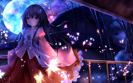 Night - pretty, anime, kawaii, female, scene, night, light, gloomy, long hair, dark, gloom, touhou, nice, creepy, moon, anime girl, creep, houraisan kaguya, girl, lovely, sweet, glow, black hair, cute, adorable